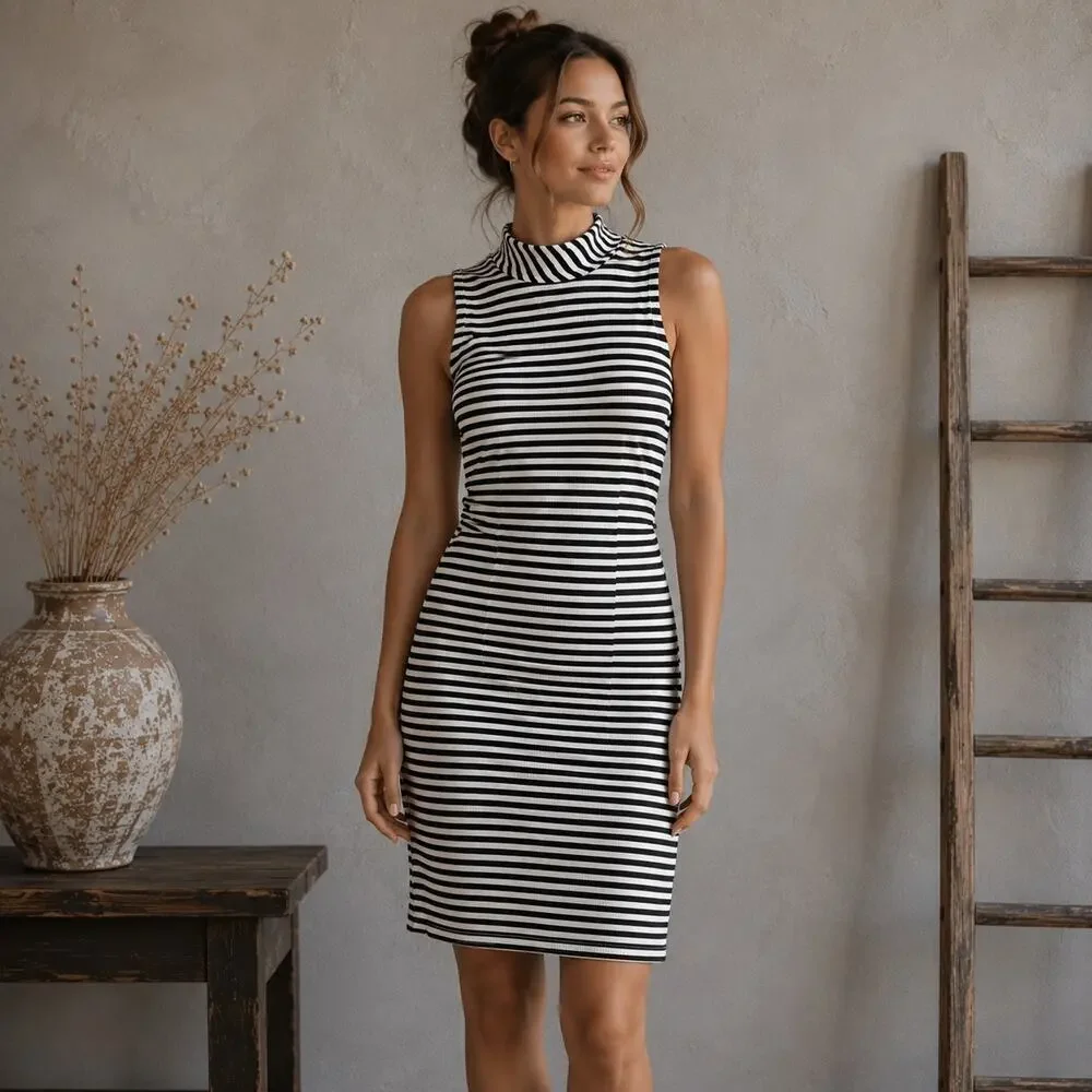 Boden Navy White Knit Mock Neck Sleeveless Dress 10R